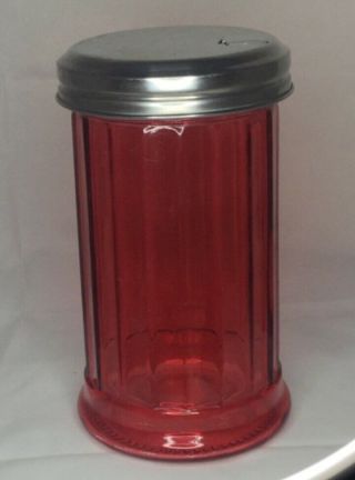 Vintage Retro Red Glass Sugar Shaker Dispenser With Metal Lid 5.  25” X 3” Sweet