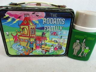 Vintage 1974 The Addams Family Metal Lunch Box And Thermos Set