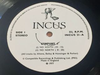 Company 1 Incus 21 Jazz LP 1977 UK Evan Parker Derek Bailey 3