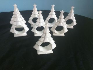 8 White Ceramic Christmas Tree Holiday 3 D Napkin Rings Holders Vintage 4.  25 "