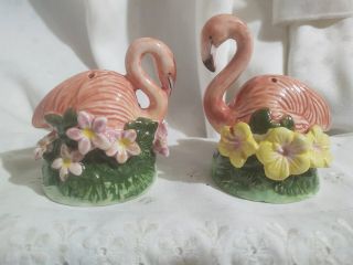 Vtg Pink Flamingo Ceramic Salt Pepper Shakers China Foil Tag Flowers