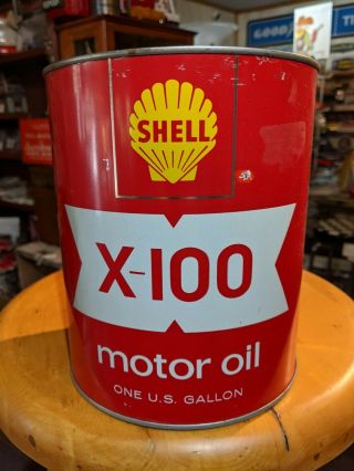 Vintage Shell X - 100 Motor Oil 1 Gallon Red All Metal Can Gloss