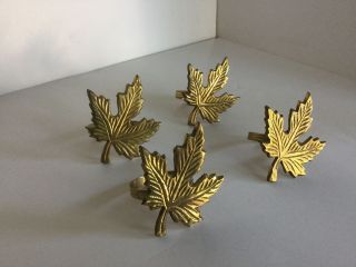 Vintage Set of 4 SOLID Brass Maple Leaf Napkin Ring Holders 3