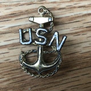 Vintage Ww2 Us Navy Chief Petty Officer Hat Badge N.  U.  S.  1/20 10k G.  F.  Sterling