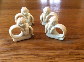 Cute Set Of 4 Ceramic Cherubs Angels Napkin Rings Ivory.  2” X 2.  5”