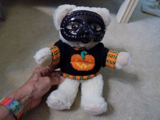 Vtg Ooak Russ Snuggle Teddy Bear Plush In Halloween Mask & Pumpkin Sweater 3145