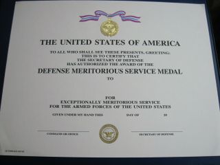 Dod Department Defense Meritorious Service Medal Certificate Obsolete Orig Msm