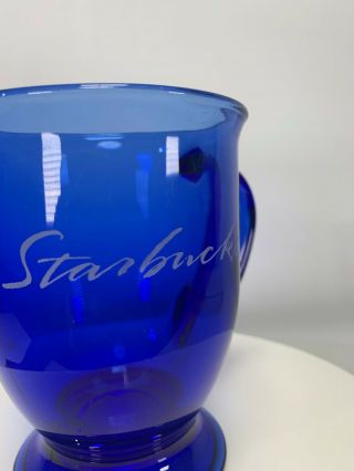 Starbucks Anchor Hocking Cobalt Blue Glass Coffee Cup Footed Mug USA Etched Logo 2