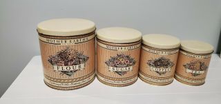 Vintage 4 Piece Ballonoff Tin Canister Set Flour Sugar Coffee Tea.  Mother Earth
