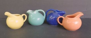 4 Vintage Pottery Small Ball Jug Creamer Pitcher,  Navy,  Yellow,  Green & Rose 2