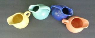 4 Vintage Pottery Small Ball Jug Creamer Pitcher,  Navy,  Yellow,  Green & Rose 3