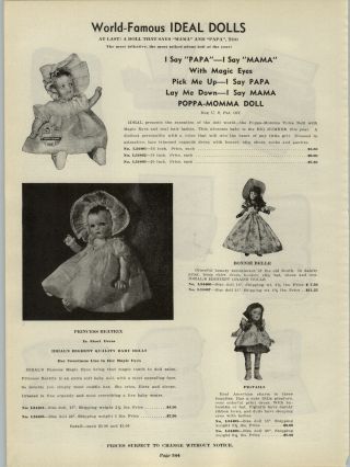 1941 Paper Ad Ideal Brand Dolls Bonnie Belle Princess Beatrix Poppa Momma