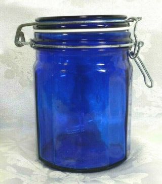 Cobalt Blue Paneled Glass Canister Jar Hinged Wire Lid W Seal 5.  5 " Tall Euc