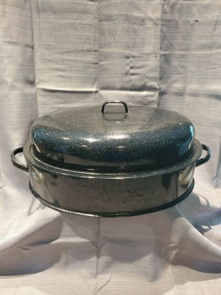 Savory Large Speckled Double Wall Roasting Roaster Pan With Lid 16x10x4”
