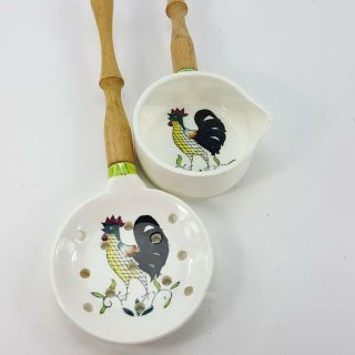 Vintage Ceramic & Wood Rooster Strainer Spoon & Ladle 10 " Set Kitchen Japan