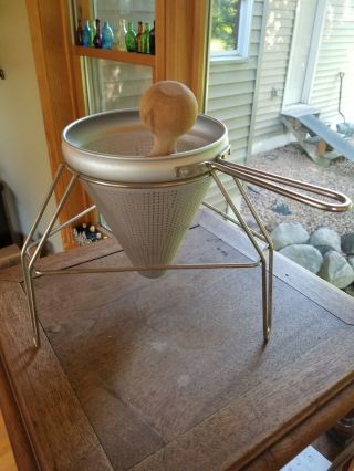 Vintage Metal Ricer Sieve Food Mill Strainer With Stand & Wood Pestle Great