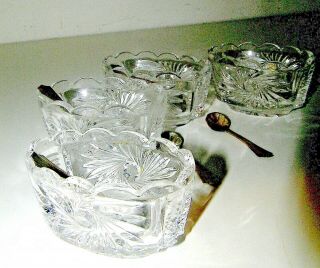 Set Of 4 Cut Glass Salts With 6 Tiny Marked Sterling Spoons