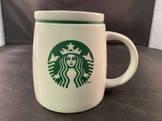 Starbucks 2011 White Ceramic Coffee Travel Mug With Logo Green Silicon Lid&seal