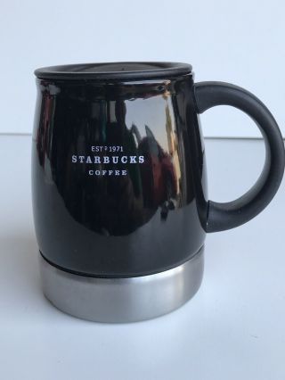 Starbucks Coffee 2007 Black/stainless Steel Rubber Bottom & Handle Mug Est 1971