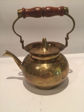 Vintage Copper Tea Kettle With Wooden Handle And Brass Spout
