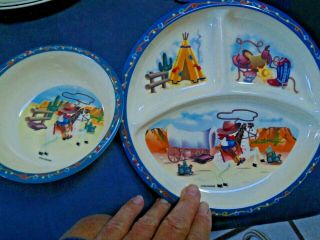 Peco Pecoware Melamine Child Bowl & Divided Plate Western Cowboy Horse Cactus