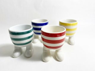 4 Striped Egg Cups Footed Ceramic Red Blue Yellow Green Stripes Nautical Funny