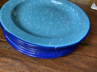 Set Of 8 Enamel Camping Plates Blue Splatter Ware Speckled Metal 9”