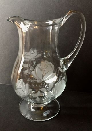Antique Vintage Clear Glass Footed Pitcher Etched Roses Paneled Sides 10.  75”