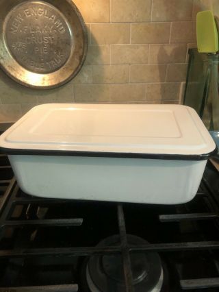 Vintage Enamelware Square Box With Lid,  White With Black Trim 12” X 8”