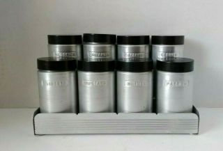 Set 8 Vtg Kromex Spun Aluminum Spice Jars With Rack Mid Century