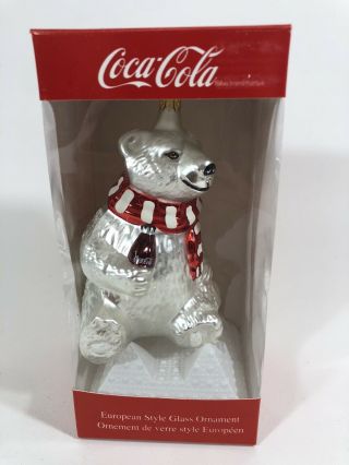 Kurt Adler Coca Cola Polar Bear Ornament Glass Christmas Red Scarf