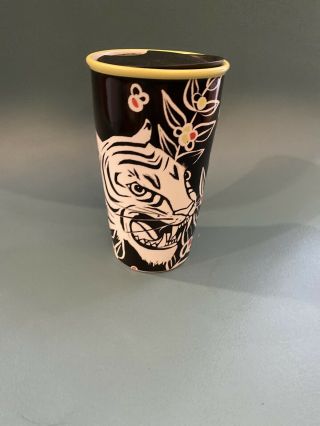 Starbucks White Tiger Double Wall Ceramic Traveler Cup Coffee Tumbler 12 Oz