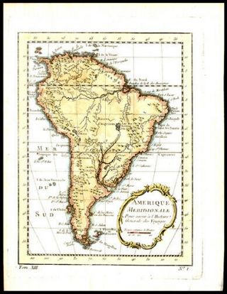 264 Year Old Bellin Engraved Hand - Colored Map The Continent Of South America