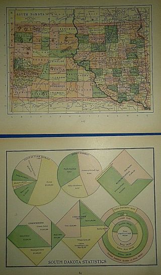 Vintage 1894 Map Of South Dakota & Statistics Chart As Of 1894 Old