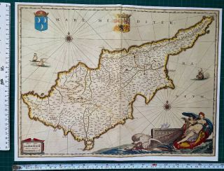 Antique Vintage Historic Old Colour Map Of Cyprus 1635 1600 