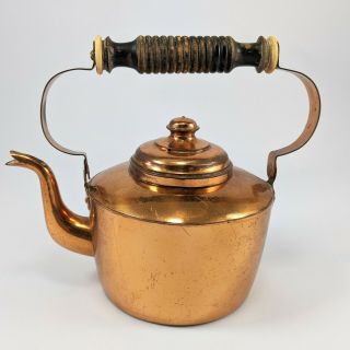 Vintage Copper Tea Kettle Pot With Wood Handle Mid Century