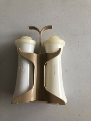 Vintage Tupperware 4” Salt And Pepper Shakers With Lids And Caddy