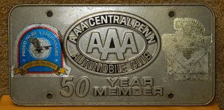 Aaa Central Penn Auto Club 50 Year Member Pewter License Plate Tag - Rare