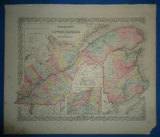 Vintage Circa 1857 Quebec,  Canada Map Old Antique Colton Atlas Map