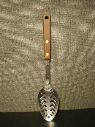 Vintage Ekco Eterna Stainless Steel Slotted Serving Spoon - Wood Handle