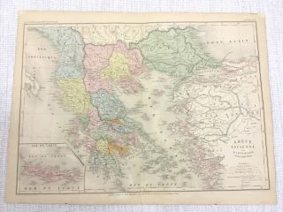 1877 Antique Map Of Ancient Greece The Greek Empire Old Hand Coloured French