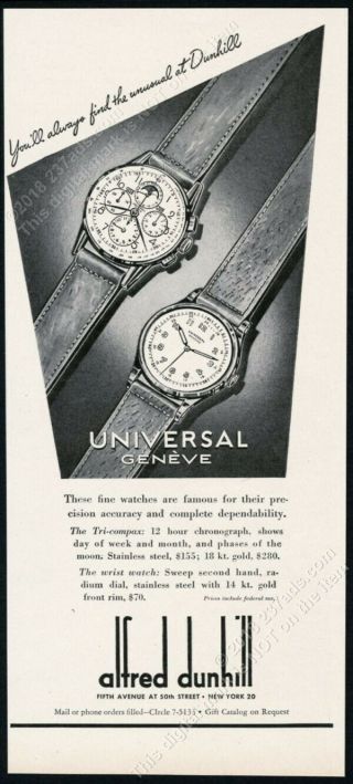 1947 Universal Geneve Tri Compax & Wrist Watch Pic Dunhill Vintage Print Ad