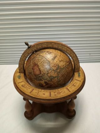 Vintage Wood Antique Olde World Desk Globe With Zodiac Stand - Made In Italy