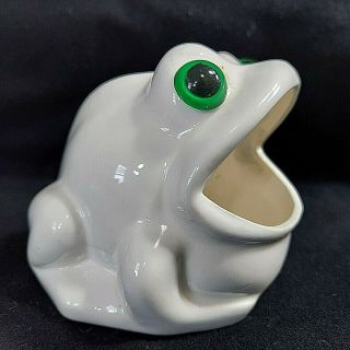 Open Mouth Frog Kitchen Sponge Scrubbie Pad Holder White Ceramic Green Eyes Vtg