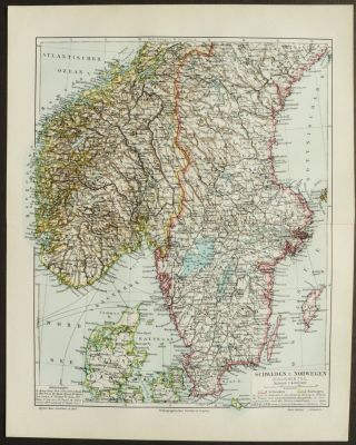 1897 Antique Map Of Scandinavia: Sweden & Norway.  Oslo.  Stockholm.  123 Years Old