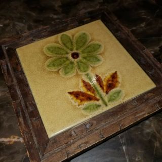 Vintage Green Cream Ceramic Floral Flower Tile Wood Frame Trivet 2