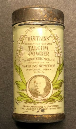 Antique Sample Watkins Antiseptic & Perfumed Talcum Powder Tin J.  R.  Watkins