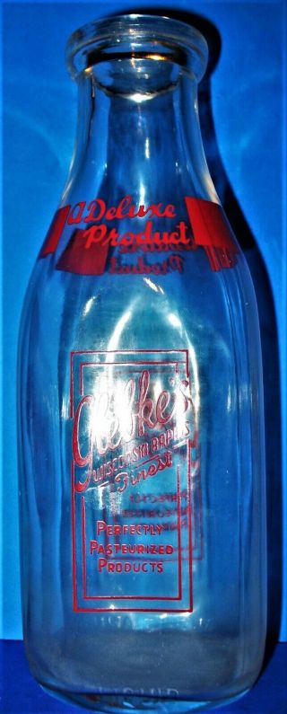 Vintage Glebke’s Dairy Milk Bottle Quart Wisconsin Rapids Finest W Red Graphics