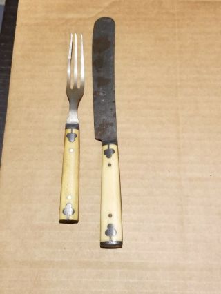 Antique 3 Tine Prong Civil War Era Bovine Bone Handle Fork / Knife Matching