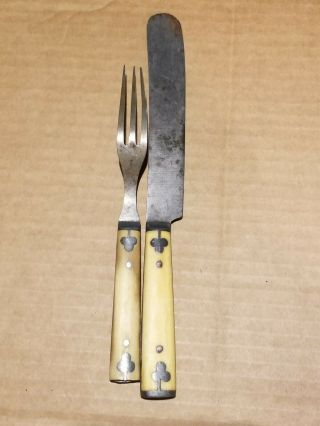 Antique 3 Tine Prong Civil War Era Bovine Bone Handle Fork / Knife Matching 2